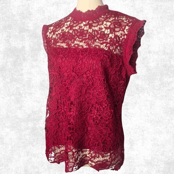 Nanette Lepore Burgundy Lace Blouse Women’s Size L – Sheer High Neck Goth Glam T - Picture 6 of 8